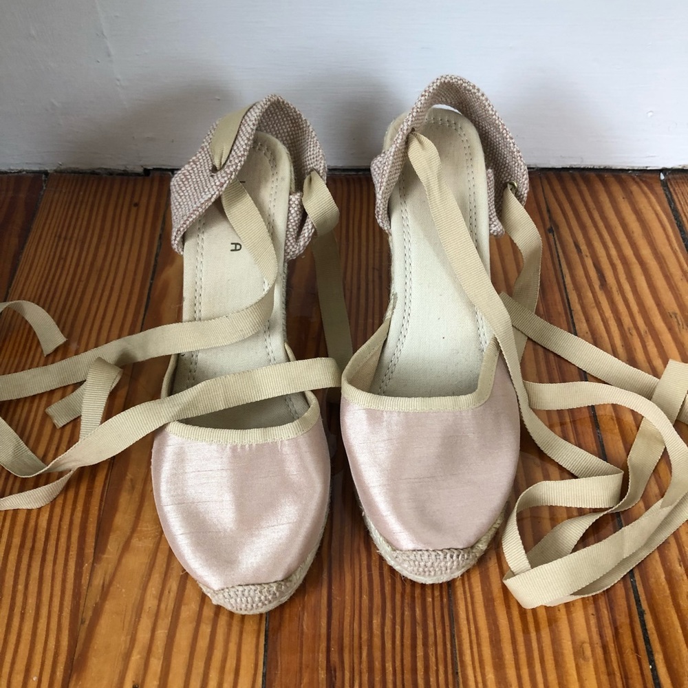 Cream Wedge Espadrilles With Ties